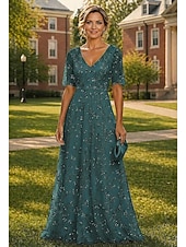 billiga Golvlängd-A-linje Klänningar Golvlång Maxiklänning Klänning till brudens mor Kortärmad V-hals Elegant Lyxig Glitter och glans Formell Bröllopsgäst Semiformell Spets med Bård Paljett