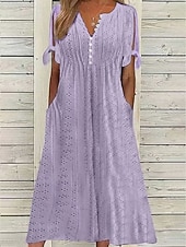 cheap White Lace Dresses-Women's Midi Dress Boho Dress A Line Dress Summer Dress Pleated Dress Elegant Fashion Modern Casual Daily Outdoor Loose Fit Plain Short Sleeve V Neck Blue White Purple Summer Spring