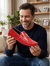 cheap Men-Men's Red Loafers for Resort Evenings - Lightweight Comfort Slip-On Dress Shoes - Elegant Vacation Footwear for Seaside Dinners, Holiday Parties and Smart Casual Evening Wear
