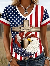  American Independence Day Women's T Shirt Print Graphic Letter American Flag Stylish Classic Casual Short Sleeve V Neck Regular Tops Casual Daily Blue Light Beige Black Red / Blue White+Blue Summer