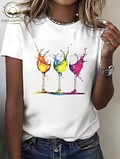 preiswerte Kunst &amp; Design T-Shirt-Damen T Shirt Baumwollhemd Druck Grafik Weinglas Lässig Kurzarm Rundhalsausschnitt Rundhals Lange Oberteile Lässig Täglich Schwarz Weiß Sommer Frühling