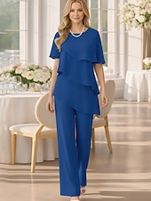 voordelige Broekpakken van mama-Tweedelig Broek Tot de grond Moeder van de bruid jurk Korte mouw Met sieraad Elegant Grote maten Bruiloft gast Chiffon met Gelaagde ruches