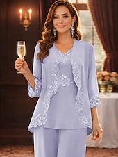 cheap Mom's Pant Suits-Pantsuit Floor Length Mother of the Bride Dress Long Sleeve Scoop Neck Elegant Simple Wedding Guest with Solid Color
