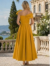 cheap Cocktail Dresses-A-Line Ankle Length Cocktail Dresses Party Dresses Elegant Silky Short Sleeve One Shoulder Wedding Formal Pink Dress Satin with Bow(s)