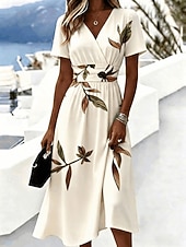 cheap Elegant Floral Dresses-Women's Midi Dress A Line Dress Vacation Casual Boho Regular Fit Floral Graphic Short Sleeve V Neck Blue White Pink Beige Summer Spring