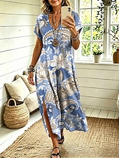  Women's Midi Dress Shift Dress Casual Regular Fit Graphic Geometric Abstract Short Sleeve V Neck Blue Orange Summer Spring