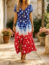 cheap 250th Anniversary Dress-American Independence Day Women's Midi Dress Shift Dress Casual Loose Fit Graphic Flag Short Sleeve V Neck White Royal Blue Summer Spring
