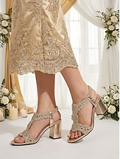 preiswerte Hochzeitsgast-Champagnerfarbene goldene Sandalen mit Blockabsatz für Damen – elegante Schuhe für Hochzeitsgäste, geeignet für Hochzeiten in der Stadt und formelle Anlässe