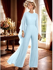 cheap Mom's Jumpsuits-Jumpsuit Pantsuit Floor Length Mother of the Bride Dress 3/4 Length Sleeve Crew Neck Elegant Simple Minimalist Formal Wedding Guest Chiffon with Ruched