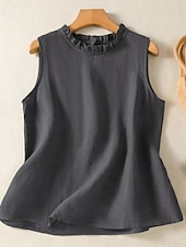  Mujer Camisa Textura Volante Color sólido Plano Vintage Sin Mangas Cuello Barco Tops regulares Casual Café marrón Negro Amarillo Verde Trébol Gris Oscuro Verano Primavera