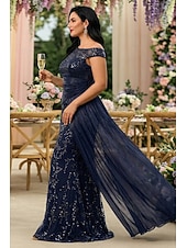 preiswerte Bodenlänge-Schlauchkleid Bodenlang Abschlussballkleid Perlenbestickt Partykleid Brautmutterkleid Kurzarm Rundhalsausschnitt Elegant Vintage luxuriös Formeller Abend Hochzeitsfeier mit Perlenstickerei