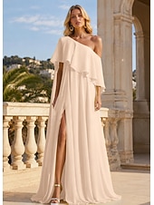 cheap Long Dresses &amp; Gowns-A-Line Floor Length Prom Dresses Elegant Sleeveless One Shoulder Formal Wedding Guest Stretch Chiffon with Ruffles Slit