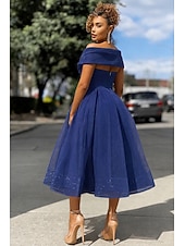 abordables Vestidos de cóctel-Corte A Vestido Midi Vestidos de coctel Vestidos de fiesta Vintage 1950s Sin Mangas Hombros Caídos Invitado a la boda Tul con Plisado