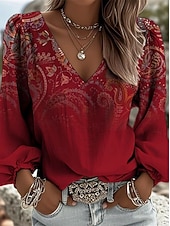 preiswerte Kunst &amp; Design Blusen-Damen Hemd Grafik Geometrisch Paisley-Muster Bohemien Urlaub Vintage Langarm V Ausschnitt Normale Oberteile Lässig Täglich Ferien Blau Rote Braun Sommer Frühling Herbst Winter