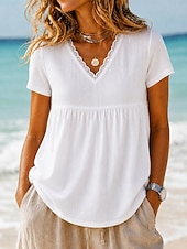 cheap Shirts-Women's Cotton Linen Shirts Lace Splicing Top Ruffle Patchwork Lace Trim Solid Color Plain Vintage Short Sleeve V Neck Regular Tops Casual Black White Summer Spring