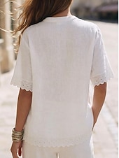 cheap Plain tee-Women's Tee Top Lace Trims Solid Color Elegant Stylish Ethnic Short Sleeve Crew Neck Regular Tops Casual Daily Going out White Summer Spring