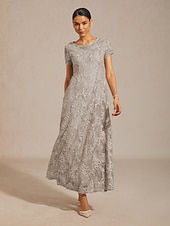  Mujer Vestido maxi Vestido de una línea Elegante Fiesta de Noche Acordonado Lentejuelas Floral Manga Corta Cuello Barco Gris Ligero