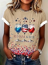  アメリカ独立記念日 女性用 Tシャツ プリント グラフィック 国旗 ヴィンテージ スタイリッシュ クラシック 半袖 クルーネック レギュラートップス カジュアル 日常 週末 ブルー ブラック ホワイト カーキ色 夏 春