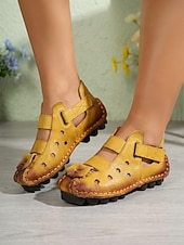 cheap Platte damesschoenen-Women's Yellow Genuine Leather Closed Toe Sandals - Breathable Cutout Comfort Shoes with Magic Tape Strap for Walking, Travel, Daily Wear &amp; Outdoor
