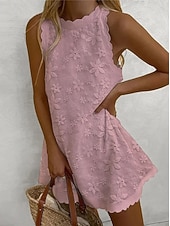 preiswerte Weiße Spitzenkleider-Damen Minikleid Spitzenkleid Weißes Kleid Urlaub Lässig Strand Strand Ferien Normale Passform Blumen Grafik Ärmellos Rundhalsausschnitt Blau Schwarz Weiß Rosa Sommer Frühling