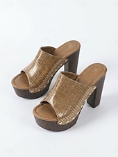 abordables Sandalias de Plataforma-Sandalias doradas de tacón de bloque para mujer: sandalias de plataforma con tacón alto para fiestas nocturnas y ropa de club.