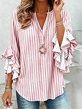 cheap Stripe&amp;Geometric Blouses-Women's Shirt Blouse Ruffle Print Graphic Geometric Striped Vacation Daily Retro Vintage Half Sleeve V Neck Regular Tops Daily Holiday Going out Blue Pink Green Grey Summer Spring Fall