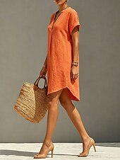 economico Vestiti-Per donna Abito al ginocchio Abiti di lino Vintage Quotidiano Taglia piccola Semplice Manica Corta Scollo a V Cachi Rosso Arancione Estate