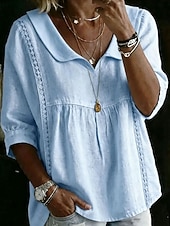  Mulheres Camisa Pointelle Blusa Tops de renda Blusas estilo babydoll Patchwork Tecido Elegante Boêmia Manga 3/4 Lapela Tops regulares Casual Branco Rosa Azul Céu Verão Primavera