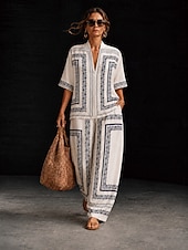 preiswerte Blusenanzüge für Damen-Damen Hemd Baumwoll-Leinen-Sets Hosen-Sets Kurzarm Dreiviertelarm V Ausschnitt Blumen Grafik Geometrisch Druck Urlaub Mode Streetwear Lässig Täglich Outdoor Weiß Beige Frühling &amp; Sommer Lässiger