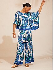 economico Pantaloni-pantaloni a gamba larga in raso setoso con stampa marmorizzata