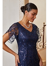  Women's Mermaid Trumpet Cocktail Dress Wedding Guest Dress Ankle Length V Neck Short Sleeve Petal Sleeve High Waist Vintage 1980s Mother Of The Bride Party with Mesh Lace Glitter Flared Tulle Hem