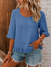 abordables Camiseta lisa-Mujer Blusa Textura Volante Vintage Manga 3/4 Tops regulares Casual Gris azulado Negro Rosa Naranja Verde Trébol Verano Primavera