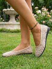 cheap Women's Flats-Women's Almond Crochet Lace Flats – Breathable Floral Mesh Walking Shoes with Lightweight Comfort for Vacation Travel, Cruise Trips,  Garden Parties and Everyday Wear