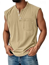  Canotta vintage da uomo, 100% cotone, lavaggio acido, canottiera, maglietta senza maniche, senza maniche, henley, estate, tinta unita, stilista, basic, tasche, bottoni, vacanza, strada, maglietta nera per uomo