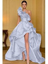 preiswerte Empire-Waist-Abendkleider-A-Linie Asymmetrisch Abiballkleider Abendkleid Ballkleid Festliche Kleidung Elegant Hoher Schlitz Ärmellos Ein-Schulter Hochzeit Formell Satin mit Rüschen Schlitz