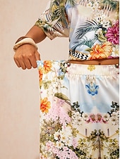 abordables Pantalons-pantalon large en satin à motif floral pastel