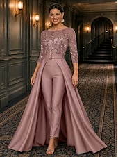 economico Tute della mamma-Tuta Completo Pantalone Lunghezza alla caviglia Abito da cerimonia per signora Manica 3/4 Scollo a Barca Elegante Formale Ospite di nozze Semi-Formale Pizzo Crepe Elasticizzato con Perline Paillettes