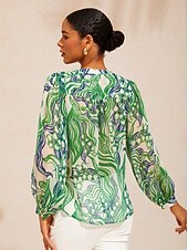 お買い得  シャツ、トップス、ブラウス-抽象的なベルフラワーをモチーフにした、流れるようなシフォントップ