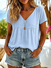 abordables Camisas-Mujer Camisa Camisas de algodón y lino Color sólido Plano Bohemia Vacaciones Vintage Sin Mangas Escote en Pico Tops regulares Casual Azul Piscina Blanco Amarillo Rosa Verano Primavera