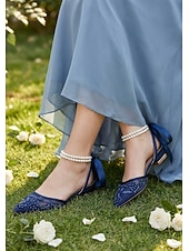 baratos Bruidsmeisje-Women's Navy Blue Wedding Flats - Pearl Ankle Strap Mesh Bridesmaid Shoes with Bow for Garden Wedding Guest