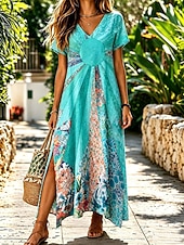  Femmes Robe Midi Robe T-Shirt Robe trapèze Occasionnel Coupe régulière Fleuri Graphique Manche Courte Col en V Bleu Rose Claire Violet Orange Été Printemps