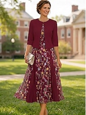 baratos Conjuntos de vestidos para mamãe-Two Piece A-Line Tea Length Wedding Guest Dress Mother of the Bride Dress Short Sleeve 3/4 Length Sleeve V Neck Elegant Simple Luxurious Formal Wedding Guest Lace Stretch Crepe with Lace Embroidery