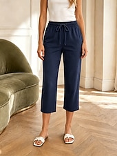 preiswerte Unterteile-Damen Caprihose Hose aus Baumwollleinen Chinos Sommershorts Urlaub Basic Lässig Knöchellang Hohe Taille Einfach Tasche Elastischer Bund Bequem Weich Dehnbar Täglich Outdoor Straße Marineblau Khaki