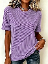 baratos Camiseta listrada e geométrica-Mulheres Camiseta Imprimir Listrado Gráfico Listrado à moda Clássico Casual Manga Curta Gola Redonda Tops regulares Casual Diário Azul Rosa Roxo Verão Primavera
