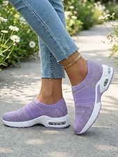 ieftine Adidași de Damă-Teniși sport slip-on pentru femei, tricotați cu strasuri mov – pantofi sport respirabili cu pernă de aer și talpă ușoară care absoarbe șocurile, pentru călătorii, fitness și confort de zi cu zi
