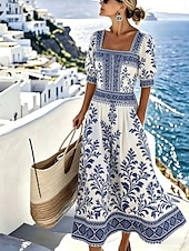 abordables Robes fleuries-Femmes Robe Midi Robe Décontractée Robe trapèze Élégant Vacances Plage Fête Coupe régulière Fleuri Graphique Manche Courte Col carré Bleu Blanche Gris Été Printemps