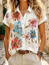 preiswerte Blumenblusen-Damen Hemd Knöpfe Druck Blumen Grafik Täglich Stilvoll Lässig Kurzarm Hemdkragen Normale Oberteile Lässig Täglich Blau Weiß Purpur Sommer Frühling