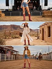 cheap Cowboy &amp; Western Boots-Women's Red Embroidered Western Cowboy Boots, Pointed Toe Pull-On Cowgirl Boots for Country Concerts and Festivals
