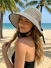 cheap Women's Hats-Women's Striped Foldable Sun Hat, Wide Brim Polyester Beach Hat for Women, Packable Summer Travel Vacation Cap, Elegant UV Protection Hat