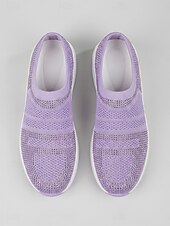 ieftine Adidași de Damă-Teniși sport slip-on pentru femei, tricotați cu strasuri mov – pantofi sport respirabili cu pernă de aer și talpă ușoară care absoarbe șocurile, pentru călătorii, fitness și confort de zi cu zi